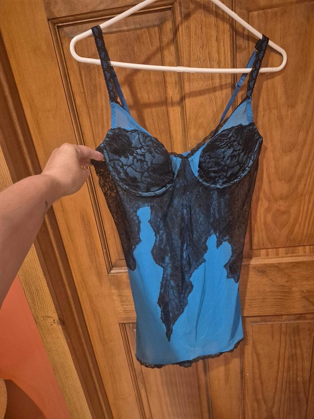 Teal Lace-Overlay Chemise with Black Trim